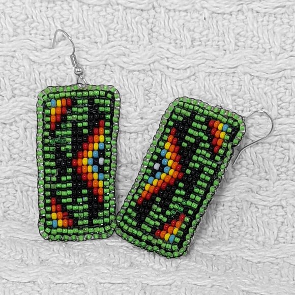 Loom Beaded Green Earrings - Picture 3 of 3